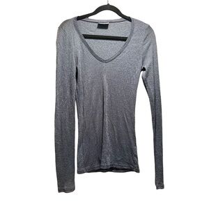 Michael Stars Long Sleeve V Neck Stretchy Blue Metallic Shimmery Top One Size
